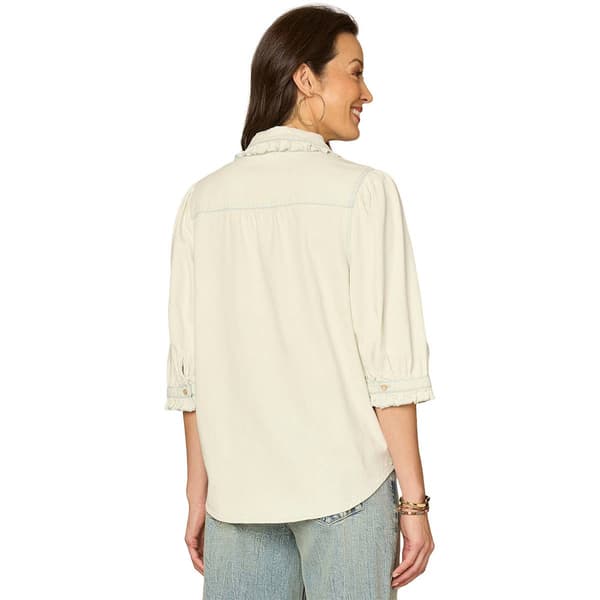 Womens Democracy 3/4 Sleeve Ruffle Edge Button Down Blouse