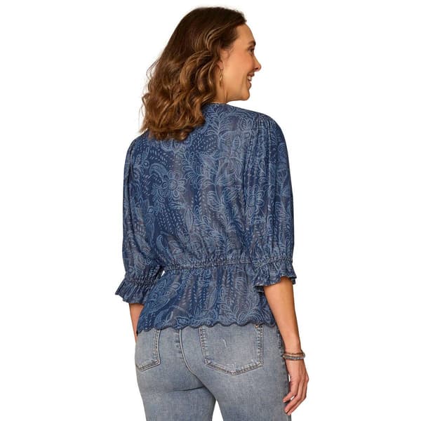 Womens Democracy Elbow Sleeve V Neck Scallop Edge Blouse