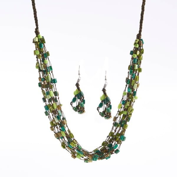 Ashley Cooper&#40;tm&#41; Olive Cube Bead Multi-Row Necklace w/ Earrings - image 
