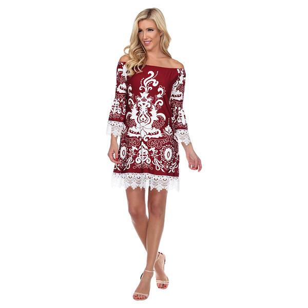 Womens White Mark Damask Lace Trimmed Shift Dress - image 
