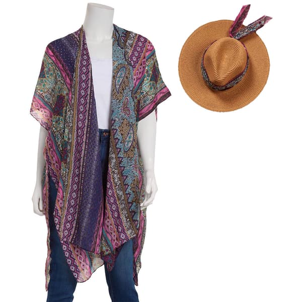 Womens Adrienne Vittadini 2pc. Stoned Kimono & Hat Set - image 