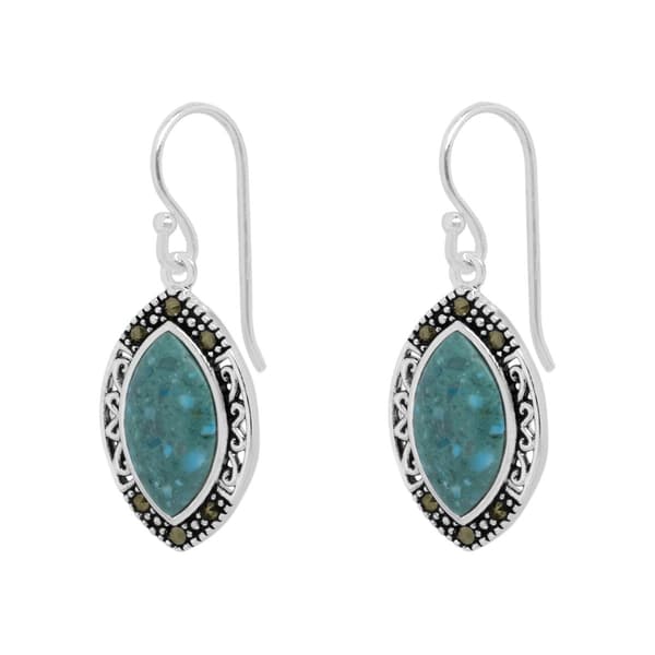 Fine Silver Plated Marcasite Reconstituted Turquoise Earrings - image 