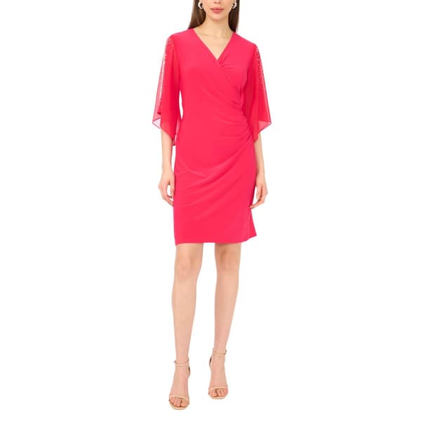 Womens MSK Chiffon Solid Bead Trim A-Line Surplice Dress