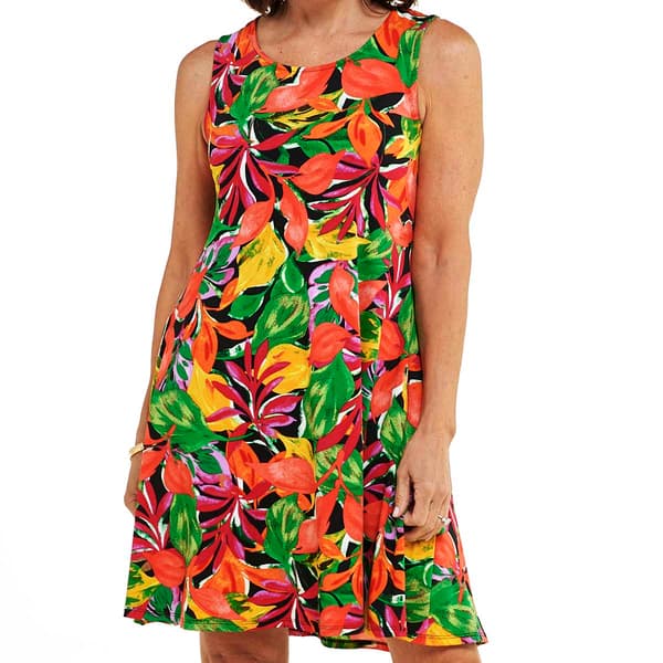 Womens Nina Leonard Sleeveless Print Swing Dress - Black/Guava