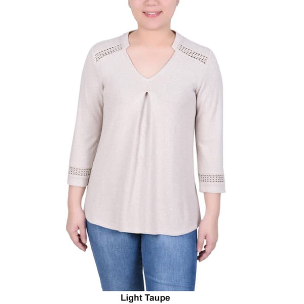 Womens NY Collection 3/4 Sleeve Split Neck Crochet Trim Blouse