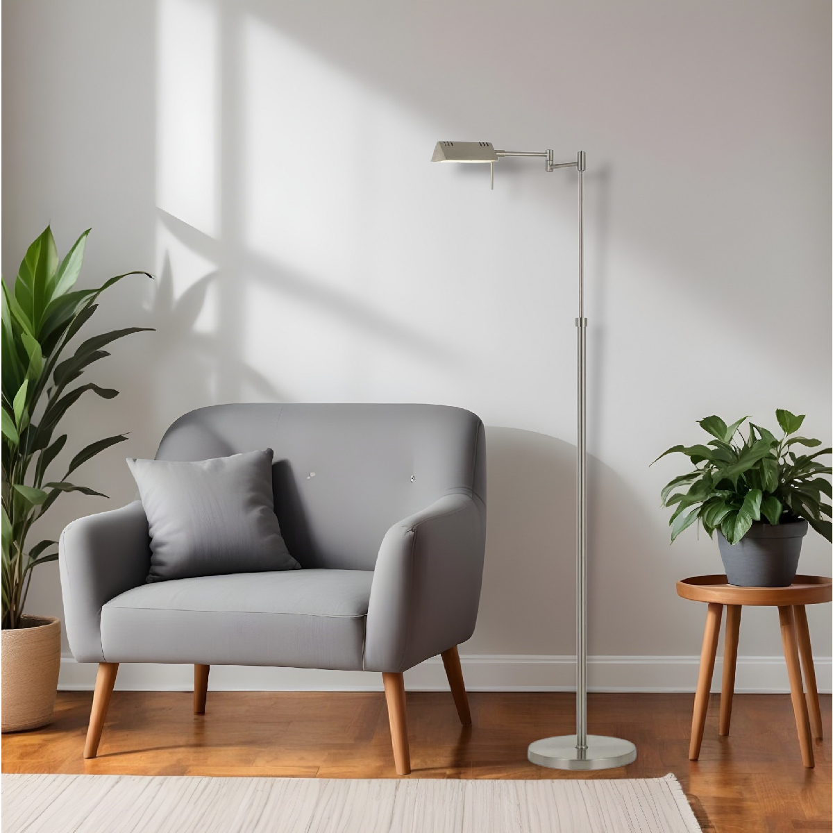 HomeRoots 61in. Nickel Adjustable Swing Arm Floor Lamp