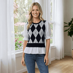Womens Nanette Lepore Short Puff Sleeve Argyle Two In One Sweater