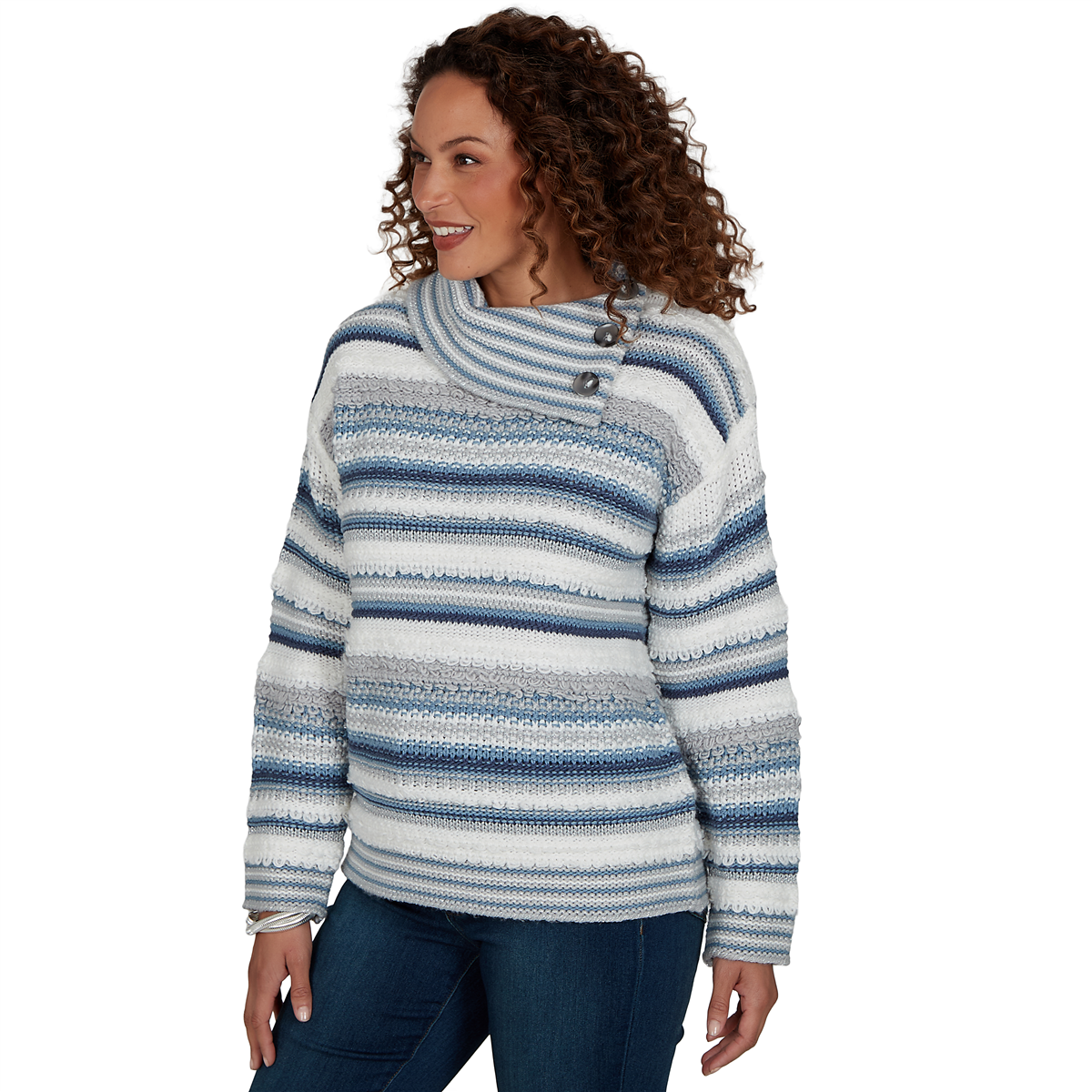 Womens Skye’s the Limit Icy Blue Sparkle Stripe Sweater