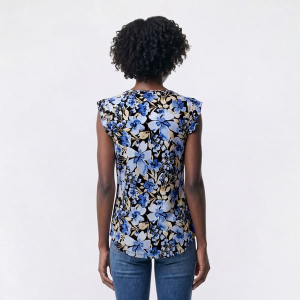 Petite Anne Klein Cap Ruffle Sleeve V Neck Floral Blouse
