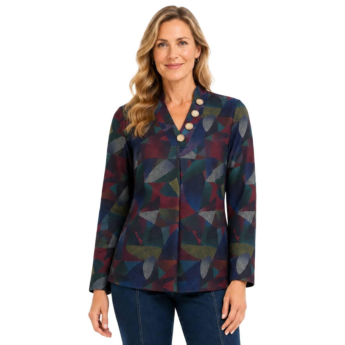 Plus Size Ali Miles Long Sleeve V Neck With Button Detail Geo Po