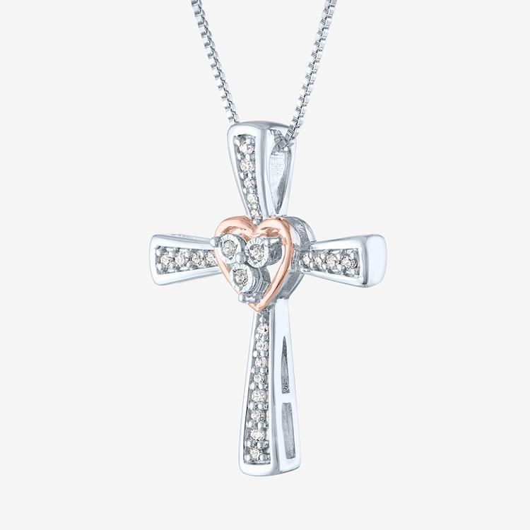 Nova Star® Pink Plated Lab Grown Diamond Heart Cross Necklace