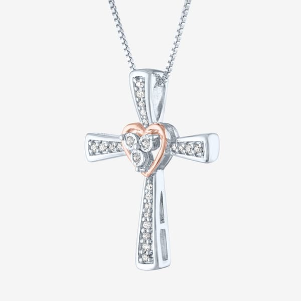 Nova Star® Pink Plated Lab Grown Diamond Heart Cross Necklace