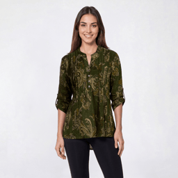 Womens Notations 3/4 Sleeve Paisley Pleated Henley Blouse