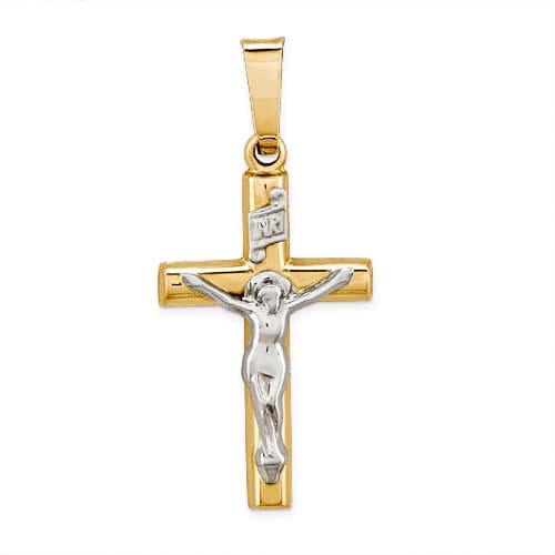 Unisex Gold Classics(tm) 14kt. Two Tone INRI Hollow Crucifix Pendant - image 