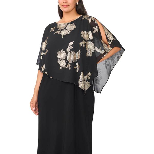 Plus Size MSK Solid Evening Gown with Foil Floral Overlay
