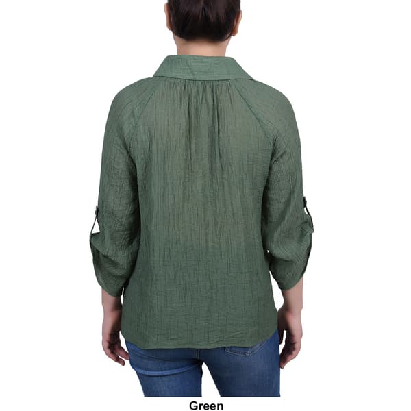 Womens NY Collection 3/4 Roll Sleeve Solid Casual Button Down