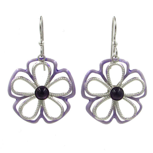 Silver Forest Silver-Tone Flower w/ Amethyst Cabochon Earrings - image 