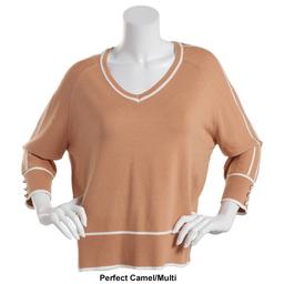 Womens Retrology 3/4 Sleeve V-Neck Tipped Sweater