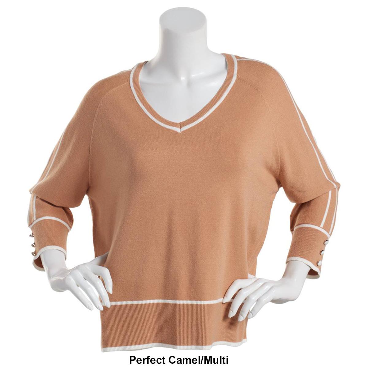 Womens Retrology 3/4 Sleeve V-Neck Tipped Sweater