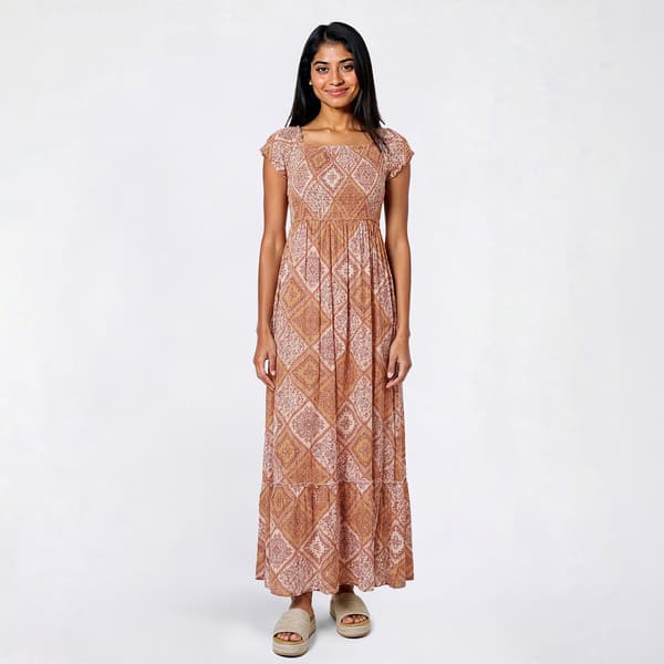 Juniors Pink Rose Floral Gauze Crinkle Maxi Dress- Peach Tile