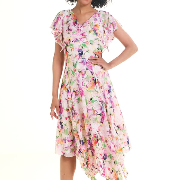 Womens Robbie Bee Short Sleeve Chiffon Drape Neck Dress