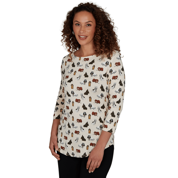 Womens Emaline Key Items 3/4 Sleeve Boat Neck All Over Dog Tee