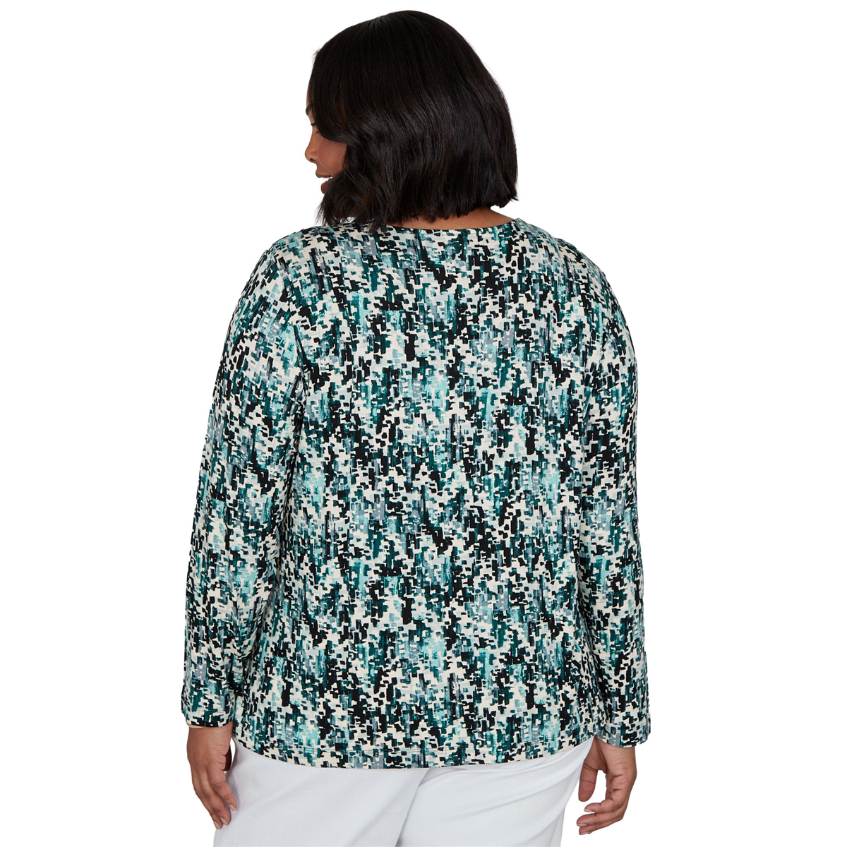 Plus Size Emaline Key Items Long Sleeve V-Neck Abstract Blouse