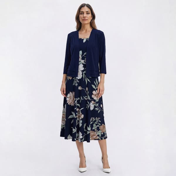 Petite Studio One 3/4 Sleeve Floral Pleated Waist Jacket Dress
