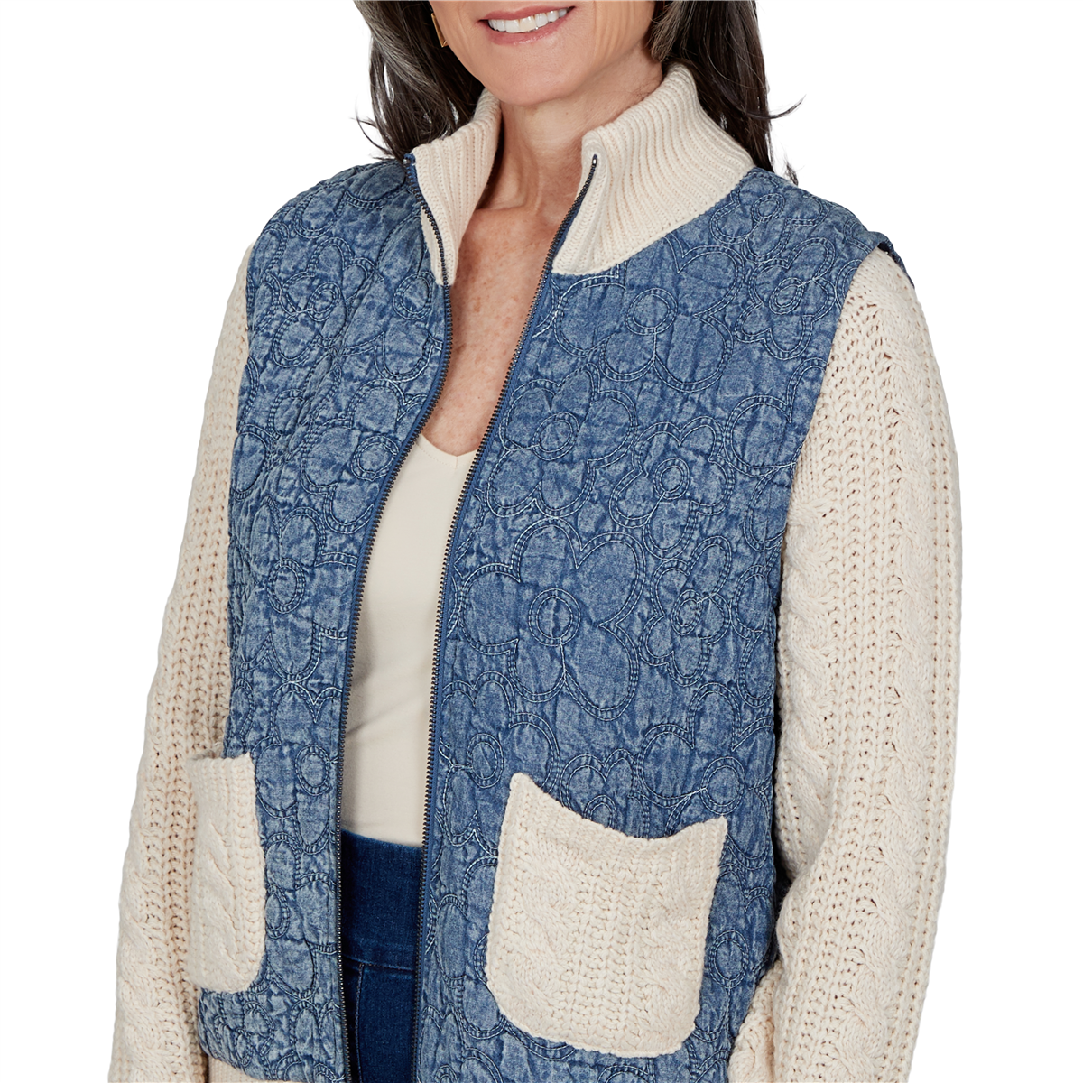 Petite Alfred Dunner Tuscany Mixed Media Denim Quilted Jacket
