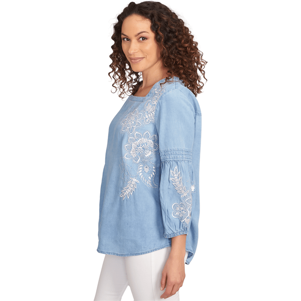 Womens Ruby Rd. Tinted Tides Floral Embroidered Tencel Blouse