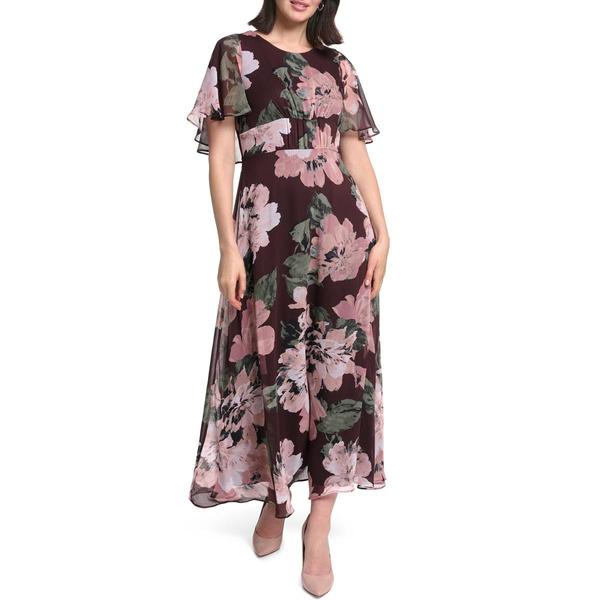 Womens Calvin Klein Flutter Sleeve Print Chiffon Midi Dress