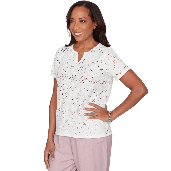 Womens Alfred Dunner Vintage Charm Geometric Eyelet Blouse