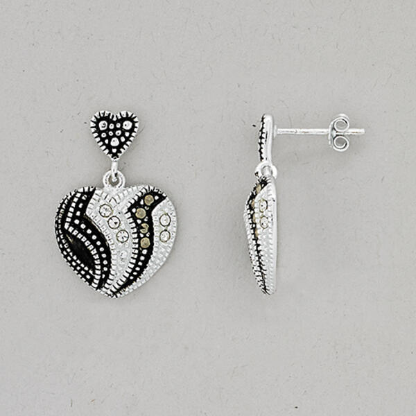 Marsala Silver Plated Marcasite Heart Drop Earrings - image 