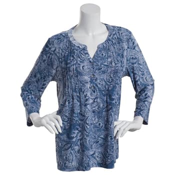 Plus Size Napa Valley 3/4 Sleeve Paisley Pleat Knit Henley Top - Boscov's