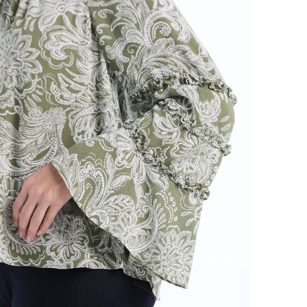 Plus Size Rafaella® Long Bell Sleeve Paisley Tie Neck Blouse