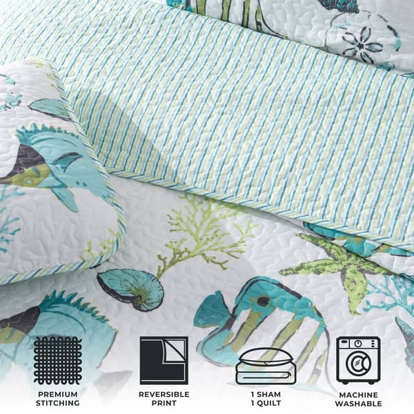 FreshFolds 3pc. Coastal Fish Themed Bedspread Quilt Set