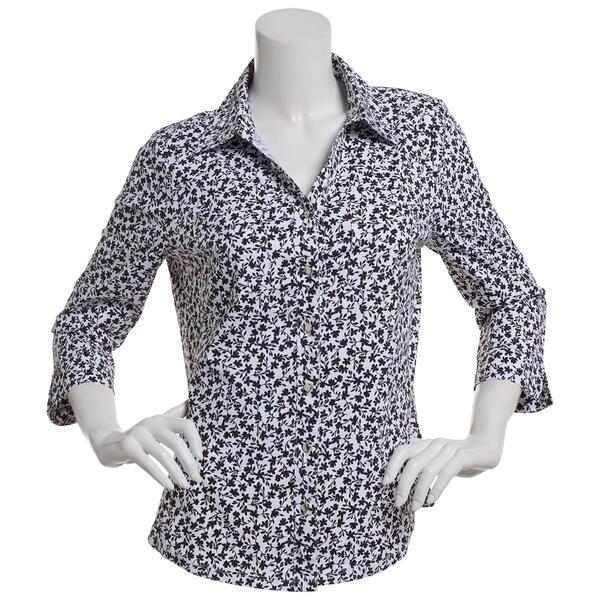 Womens Emily Daniels 3/4 Sleeve Knit To Fit Floral Button Down - image 