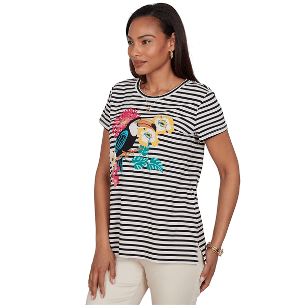 Womens Ruby Rd. Tropical Noir Short Sleeve Toucan Stripe Tee