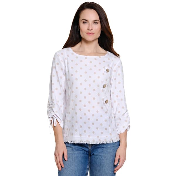 Petite Ali Miles 3/4 Cinch Sleeve Fray Hem Dot Blouse - image 
