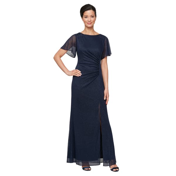 Petite SLNY Flutter Sleeve Solid Glitter Mesh Evening Gown - image 