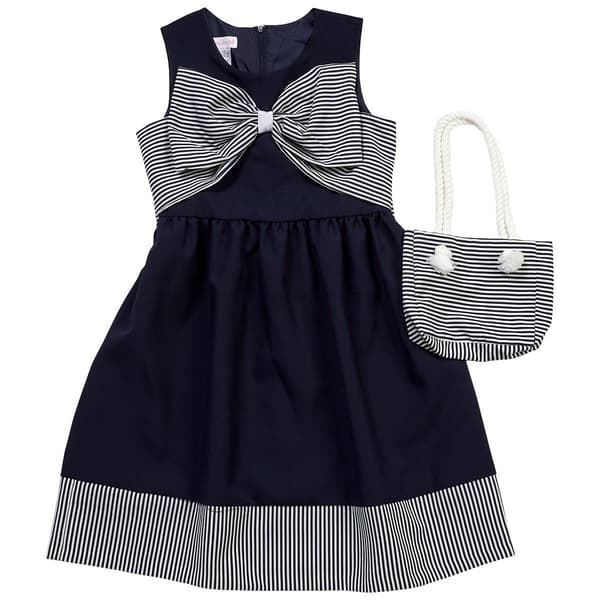 Girls (7-16) Bonnie Jean Stripe Bow Sleeveless Dress w/ Purse - image 