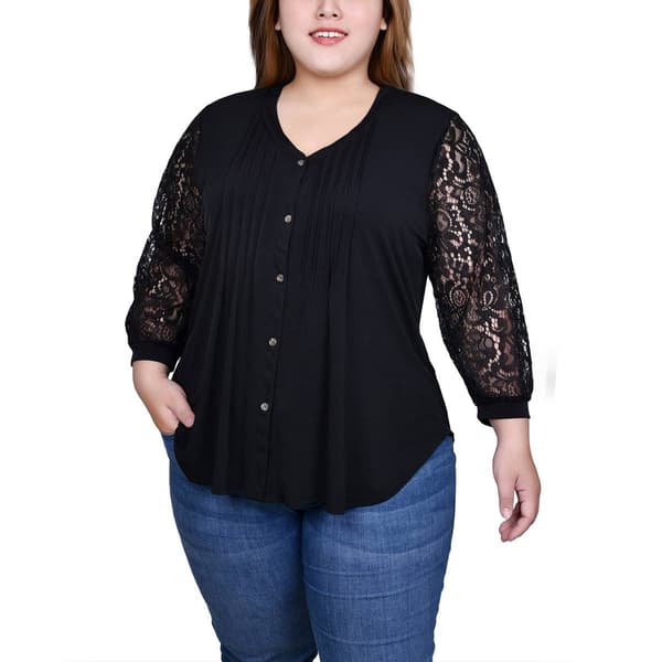 Plus Size NY Collection Lace Sleeve Solid Pleat Front Henley - image 