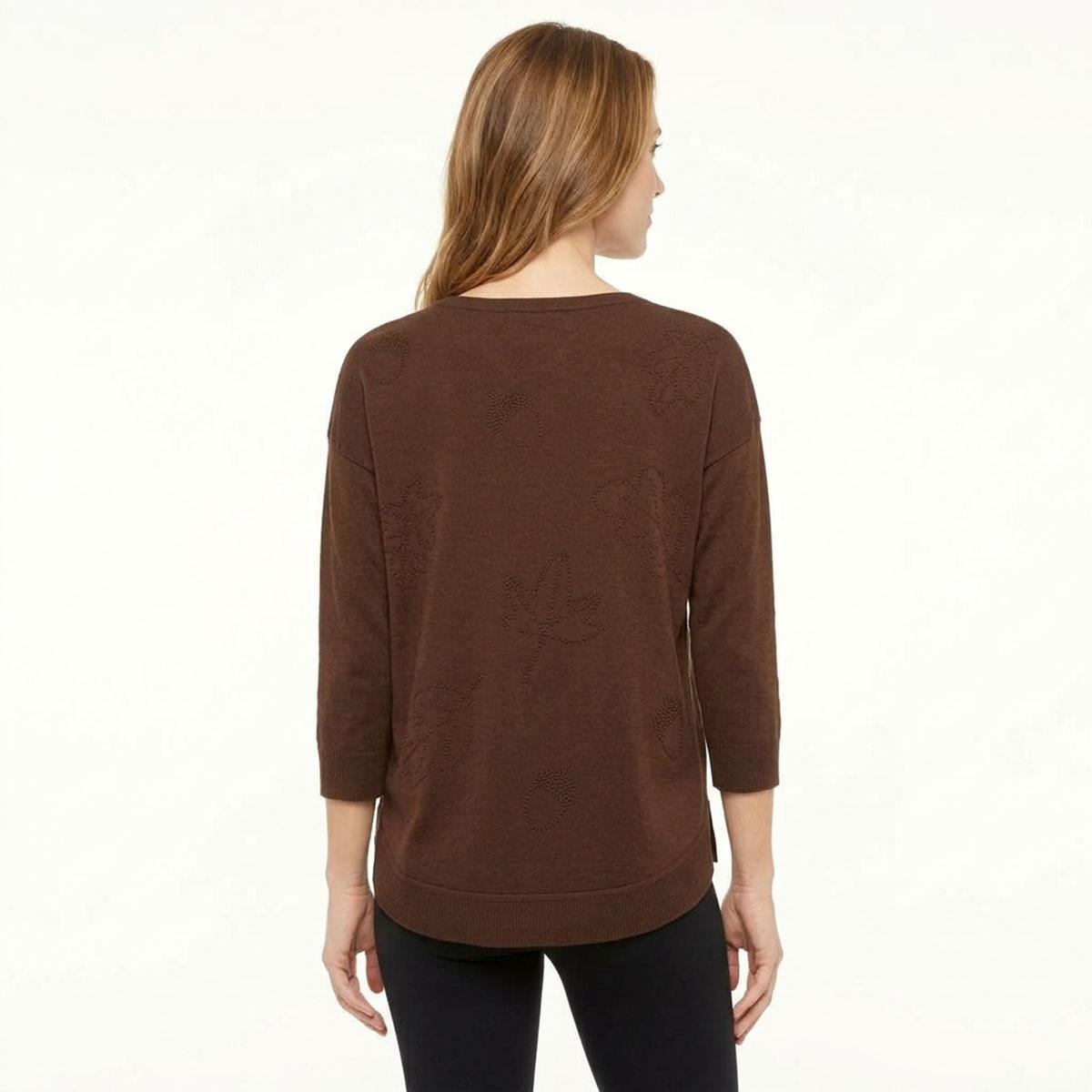 Womens Cable & Gauge 3/4 Sleeve Textured Leaf Sweater