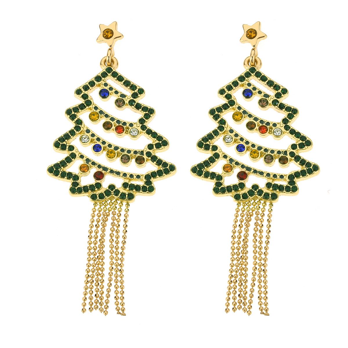 Rhinestone Fringe Christmas Tree Earrings