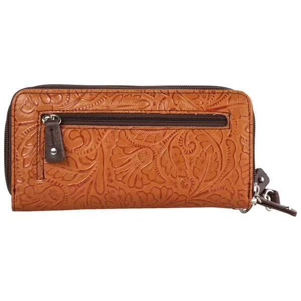 Womens Stone Mountain Tooled Leather Double Zip Around Wristlet