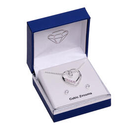 Boxed Pink Open Heart Cubic Zirconia Pendant & Stud Earring Set