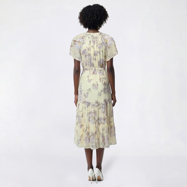 Womens Luxology Short Sleeve Split Neck Floral Tiered Midi Dress