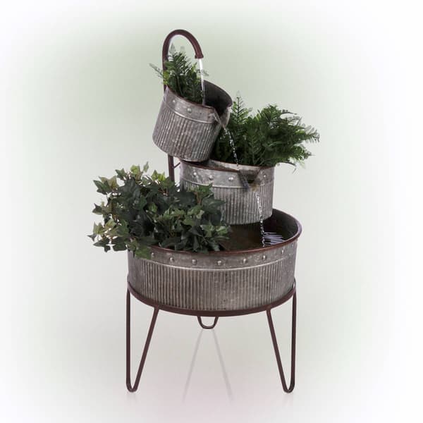 Alpine 3-Tier Stacked Rustic Metal Tub Planter Fountain