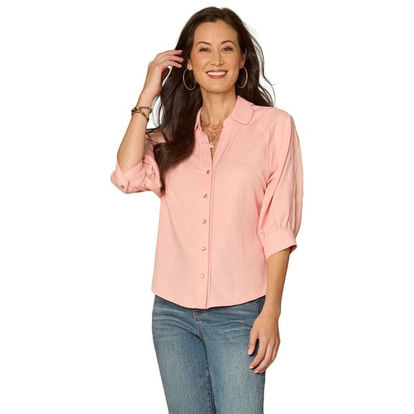 Plus Size Democracy Elbow Sleeve V Neck Snap Front Woven Blouse