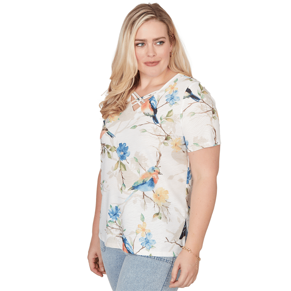 Womens Alfred Dunner Out Of The Blue Floral Birds V Neck Tee